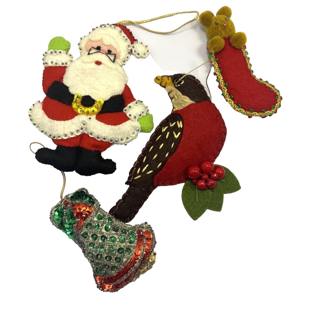 Vtg Lot Of 4 Felt Ornaments Santa Bird Stocking Sequined Hand Crafted Christmas